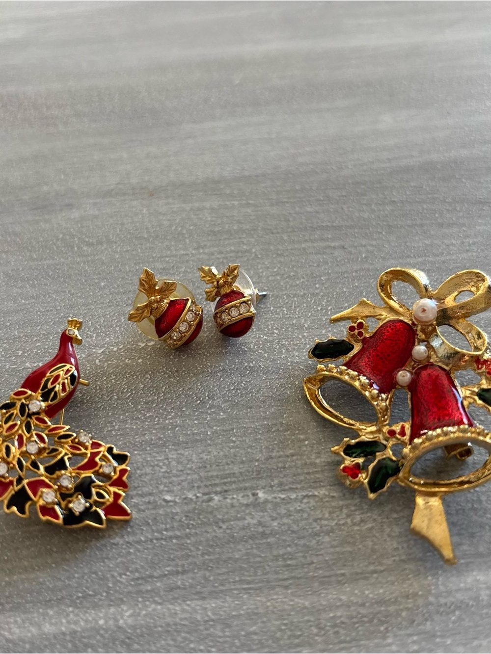 Vintage Gold-Tone Red Enamel Holiday Bell Brooch and Stud Earrings Set